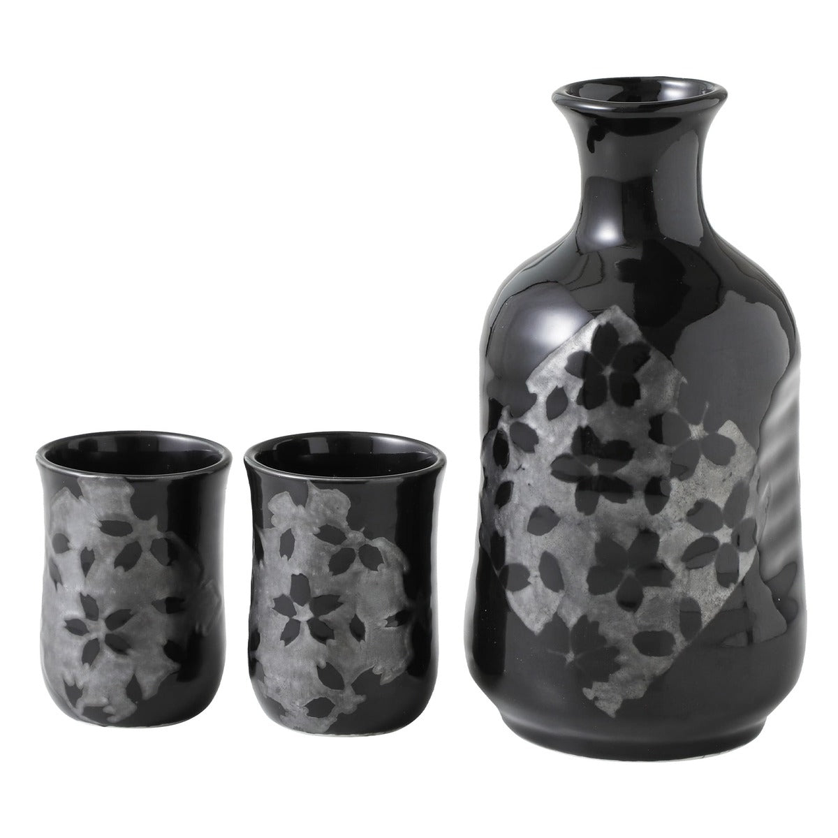 Japanese Sake Set Black Ceramic Tokkuri & Cups Sakura Nights