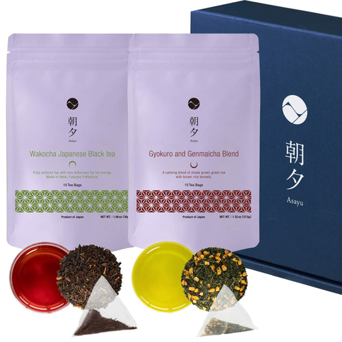 【Free shipping in Canada】Explore Asayu Japan's Timeless Brew, featuring Wakocha and Genmaicha with Gyokuro tea bags. Savor the floral notes of Wakocha and the nutty, creamy essence of Genmaicha. Perfect for enhancing your daily wellness routine with authentic Japanese tea.