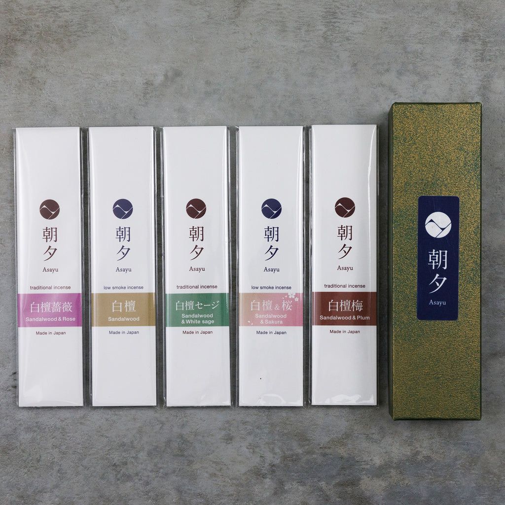 Sandalwood Incense Sticks Assortment, Set of 5: Sandalwood, Sandalwood & Rose, Sandalwood & White Sage, Sandalwood & Sakura, Sandalwood & Plum