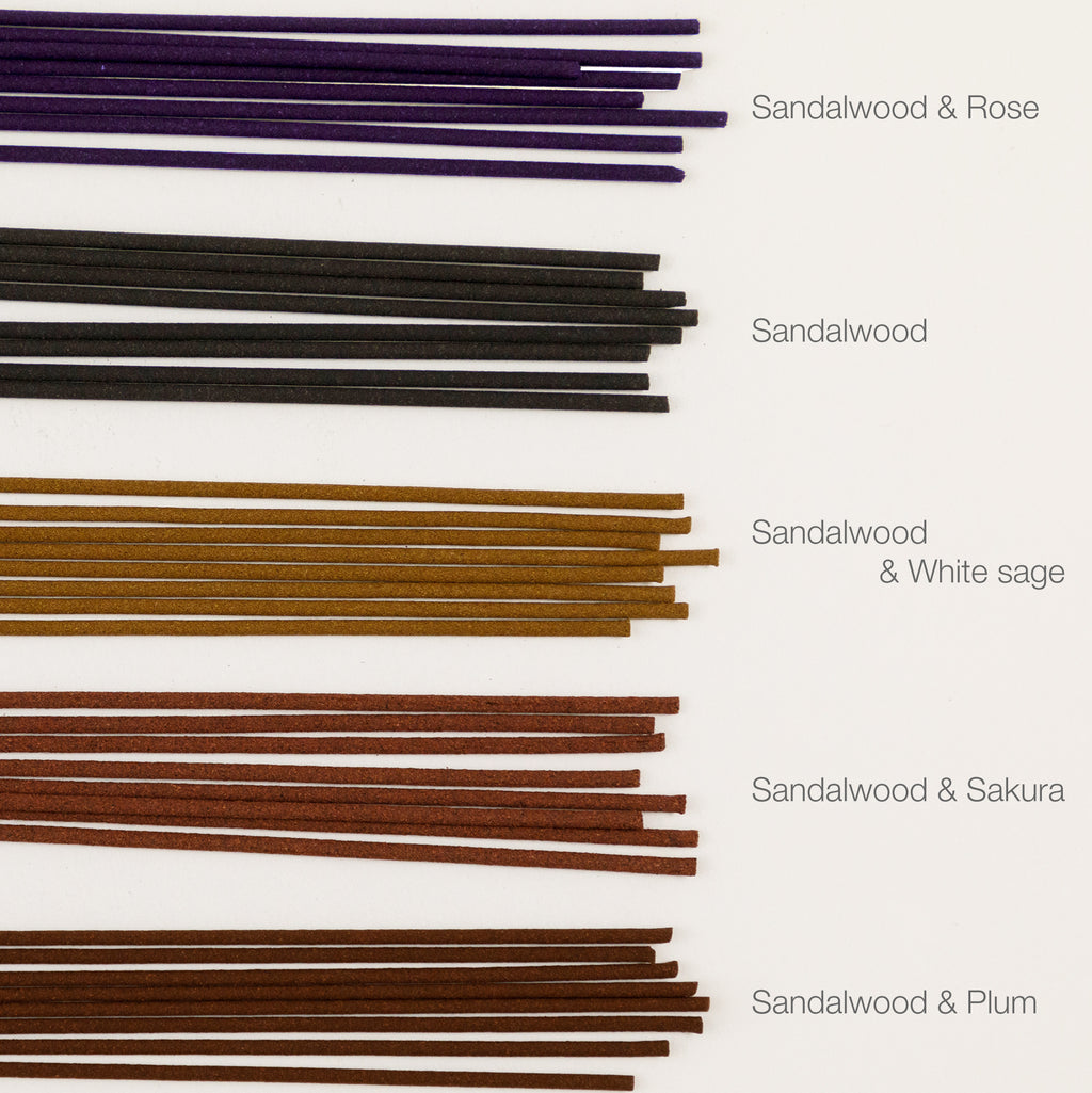 Sandalwood Incense Sticks Assortment, Set of 5: Sandalwood, Sandalwood & Rose, Sandalwood & White Sage, Sandalwood & Sakura, Sandalwood & Plum