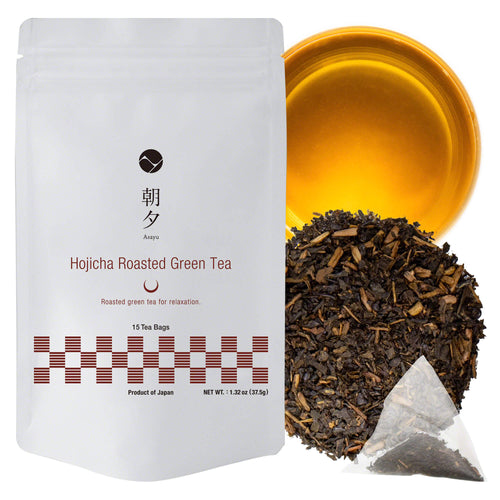 【Free shipping in Canada】：Delight in the unique flavor of Asayu Japan's Hojicha Tea Bags, made with first-flush Japanese green tea leaves. Enjoy the light, nutty sweetness and fresh roasted aromas in each cup. Perfect for any time of day, our handpicked, carefully roasted tea bags offer a simple and fulfilling brewing experience. carefully roasted tea bags offer a simple and fulfilling brewing experience.