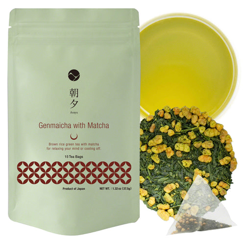 【Free shipping in Canada】Discover the exquisite blend of Genmaicha with Matcha Tea Bags from Asayu Japan. Savor the unique mix of first-flush green tea, roasted brown rice, and Matcha for a nutty, umami-rich flavor. Ideal for any time of day, our tea bags offer a convenient, luxurious tea experience with 100% Japanese handpicked leaves. 