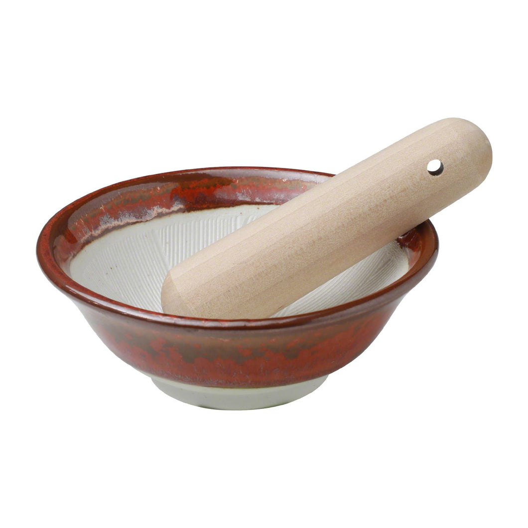 Ceramic Red Mortar Bowl with Wooden Pestle by Asayu Japan
