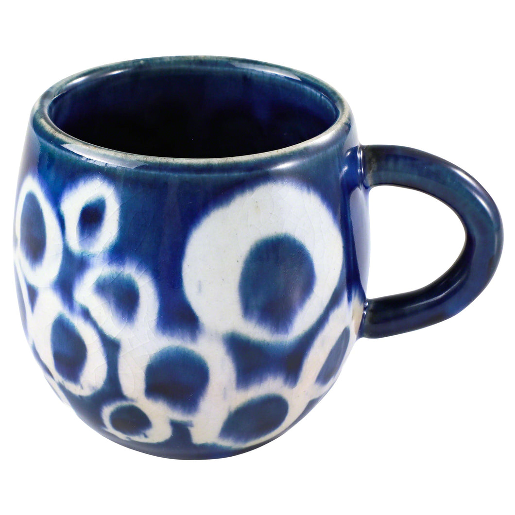Asayu Japan Ceramic Coffee Mug in Ocean Blue with White Abstract pattern.