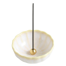 Load image into Gallery viewer, Asayu Japan White and Yellow Mini Lotus Flower Incense Holder with brass stand for incense sticks
