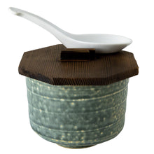 Cargar imagen en el visor de la galería, Ceramic Teal Rice Bowl with Wooden Lid &amp; White Spoon Set
