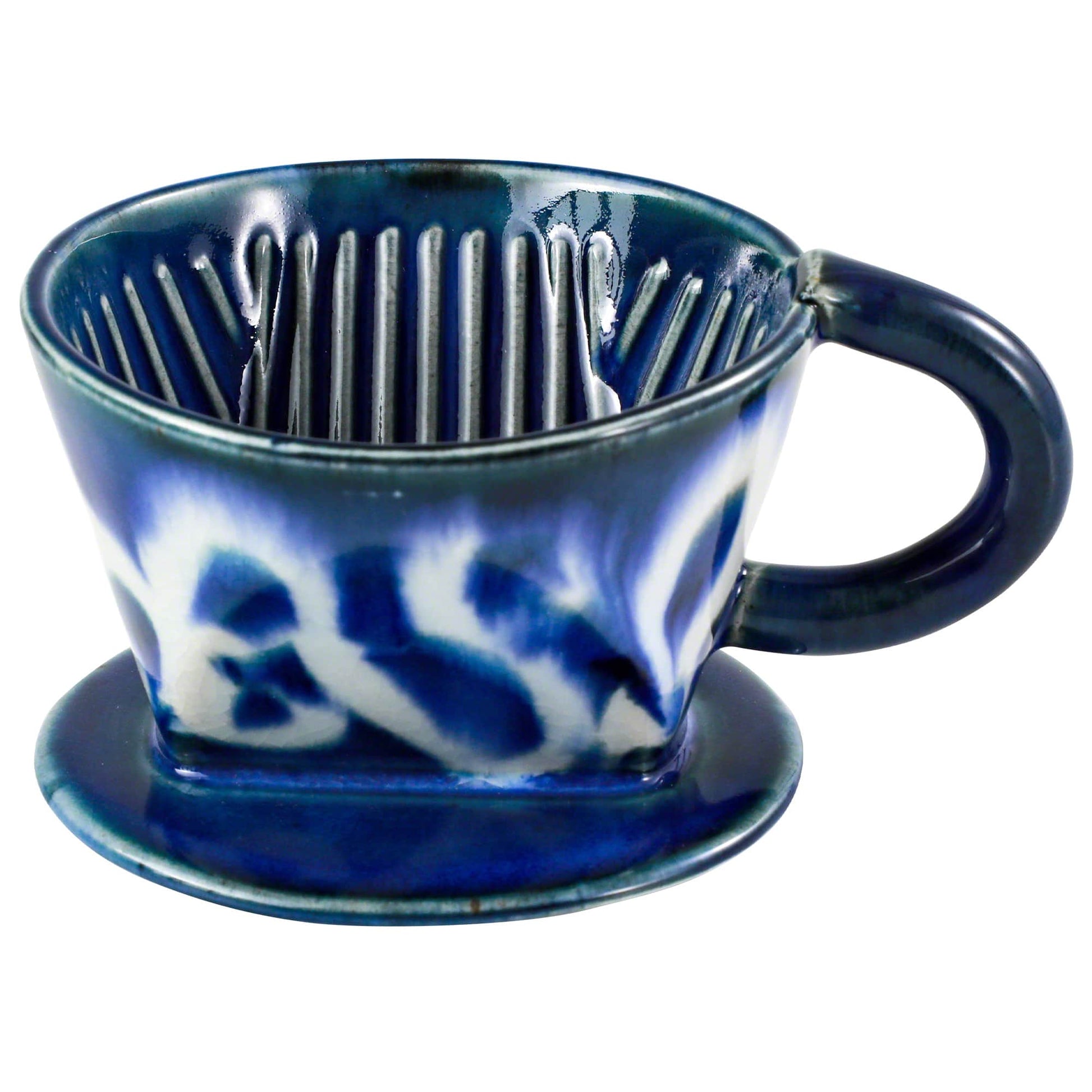 Asayu Japan Ceramic Coffee Pour Over Maker Set in Ocean Blue Color, Slow Brewing Paper Filter Holder and Dripper with 3 Holes for Coffee and Tea - Complete 2PCS Set