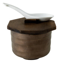Cargar imagen en el visor de la galería, Ceramic Zen Metallic Brown Rice Bowl with Wooden Lid &amp; White Spoon Set
