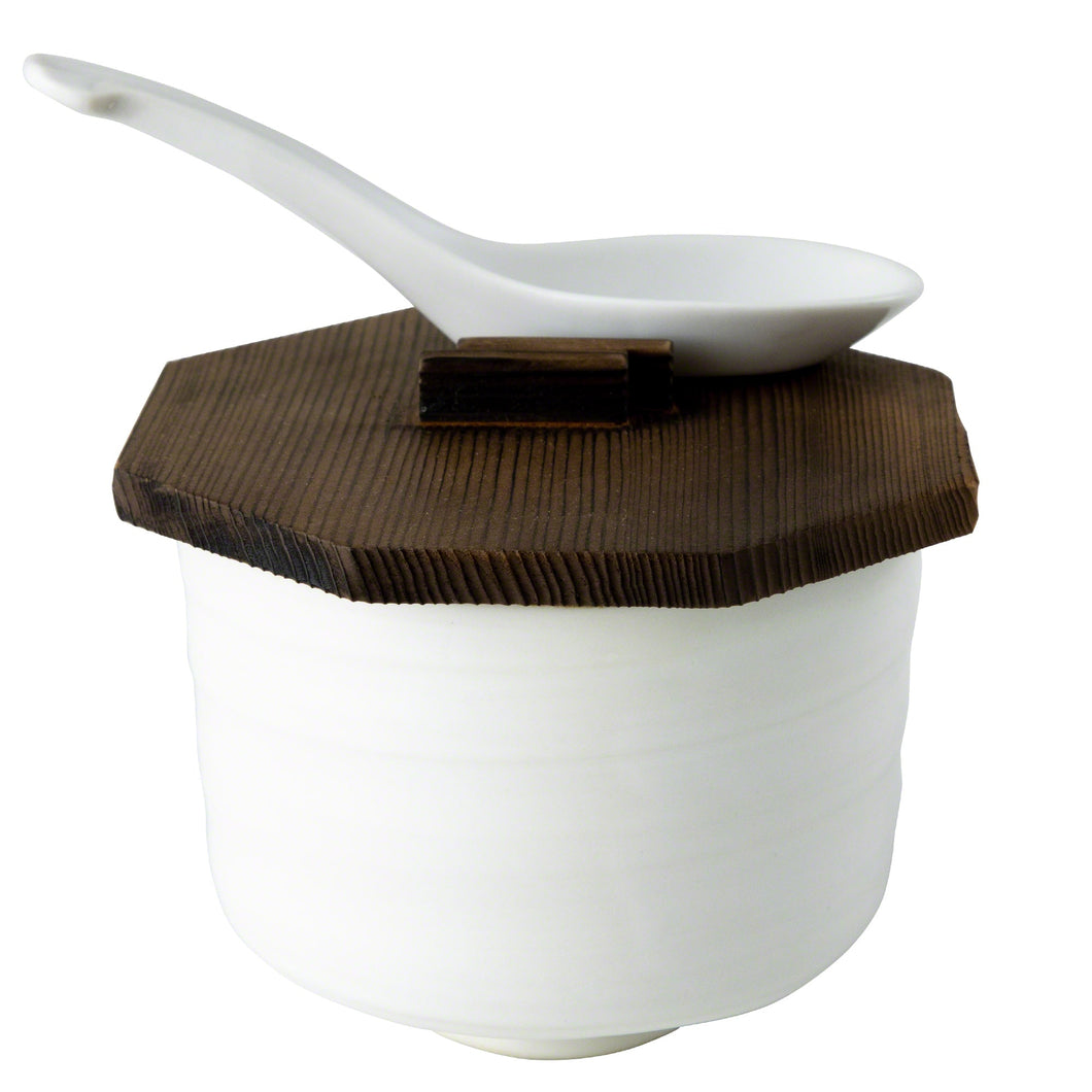 Ceramic White Rice Bowl with Wooden Lid & White Spoon Set