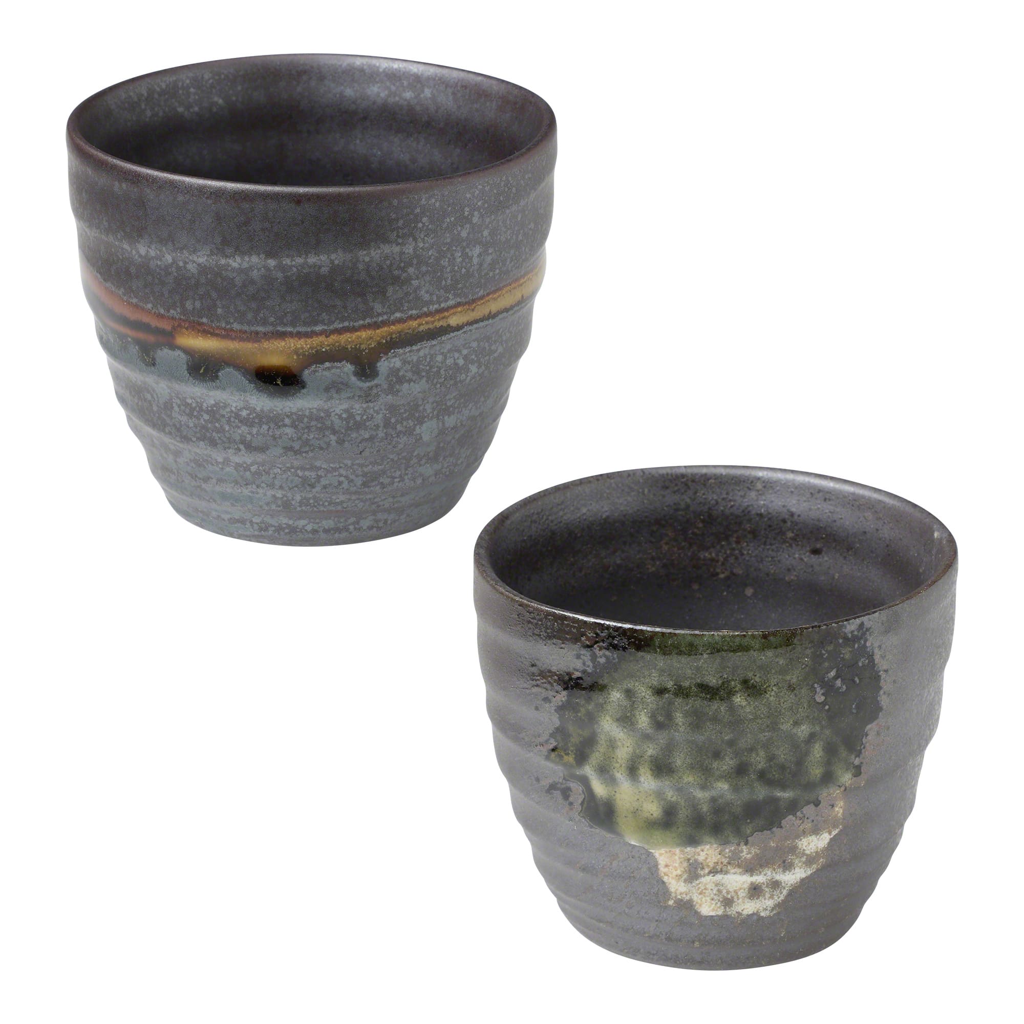 Handpainted Glazed Ceramic Tea Cups Set of 2 in Dark metallic Brown by Asayu Japan.