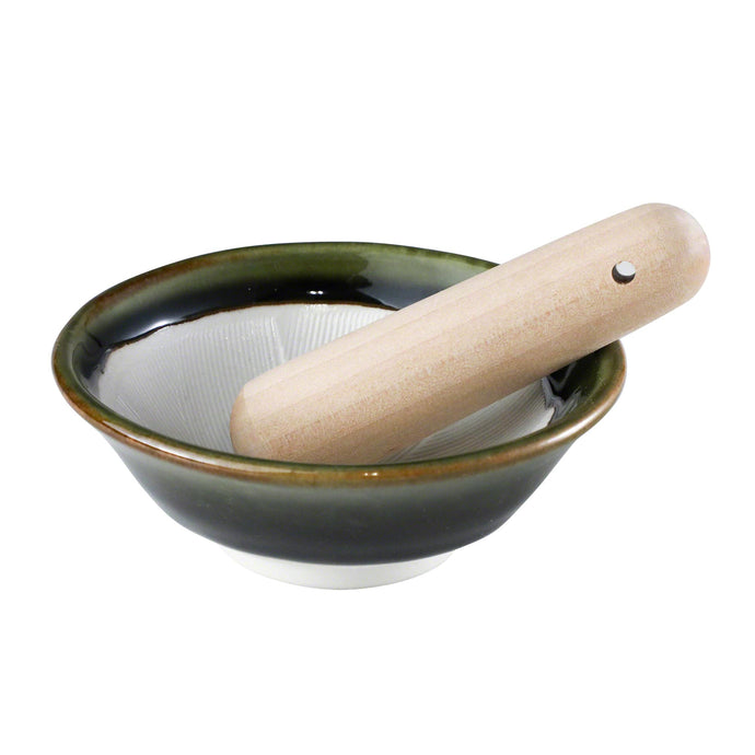 Ceramic Olive Green Mortar Bowl with Wooden Pestle by Asayu Japan