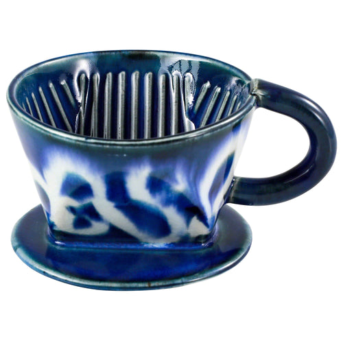 Asayu Japan Ceramic Coffee Dripper Ocean model in blue with abstract pattern in White