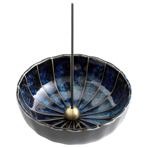 Asayu Japan Dark Navy Blue Lotus Incense Holder with brass stand for incense sticks