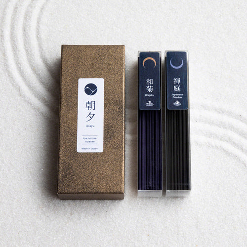 Asayu Japan Low Smoke Incense Sticks 40g Zen Scent Set [ Japanese Garden & Wagiku Chrysanthemum ] Made in Japan
