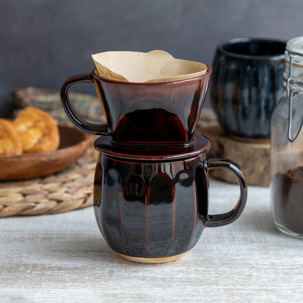 [ Free Shipping all over the US ] Asayu Japan || 100% Made in Japan Ceramic Coffee Pour Over Maker Set Chocolate Brown || Ceramic Coffee Dripper Chrome Red || Coffee Dripper Cone || Coffee Mug || IEasy-to-use Pour Over Coffee Dripper || Slow Brewing Paper Filter Holder and Dripper with 3 Holes for Coffee and Tea