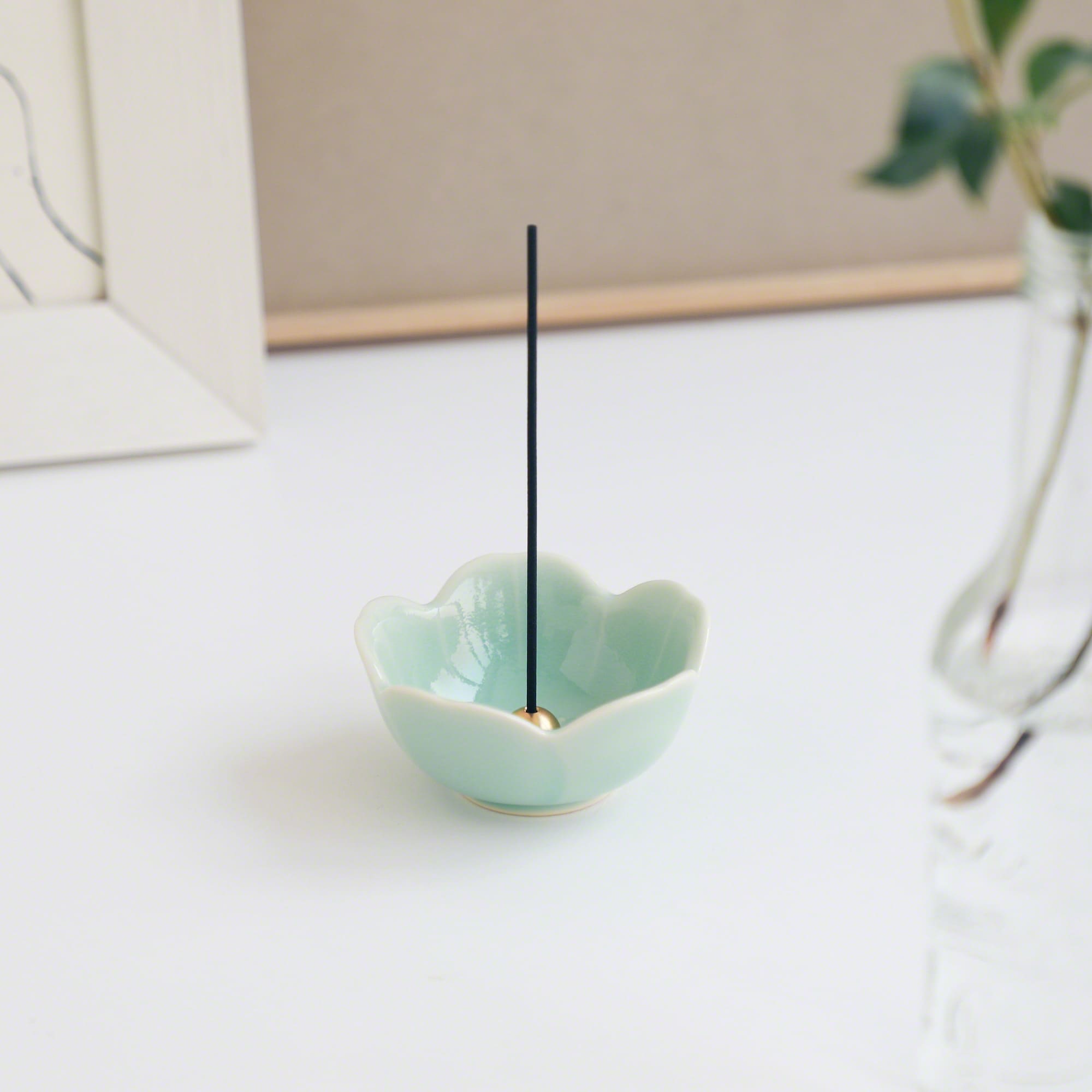 [ Free Shipping in continental US, CA, UK ] 100% Made in Japan Asayu Japan Pale Turquoise Mini Sakura Incense Holder with Brass Incense Burner Stand for relaxation, meditation and yoga
