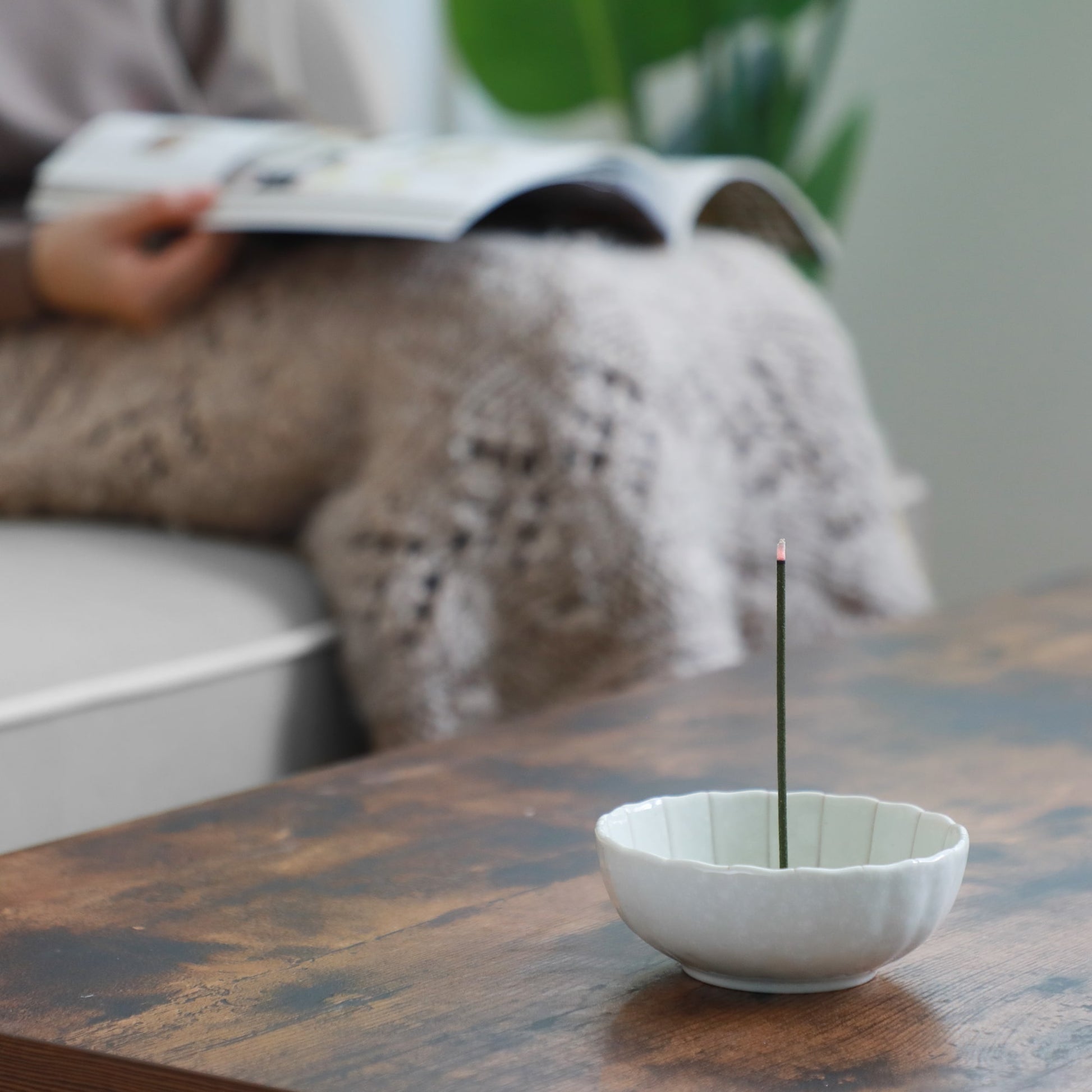 Asayu Japan White Lotus Incense Holder with burning incense Stick in a cozy living room with someone relaxing while reading a magazine
