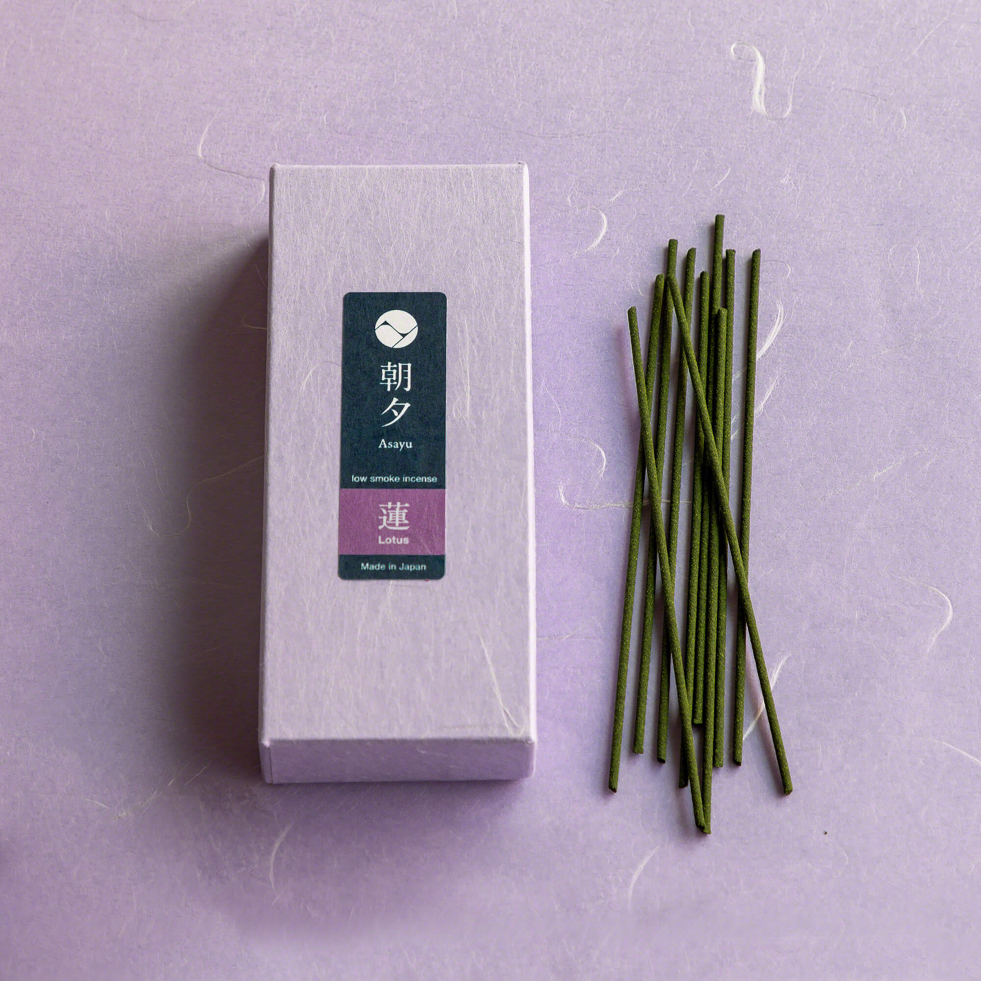 Box of Asayu Japan Lotus Low Smoke incense with sticks outside