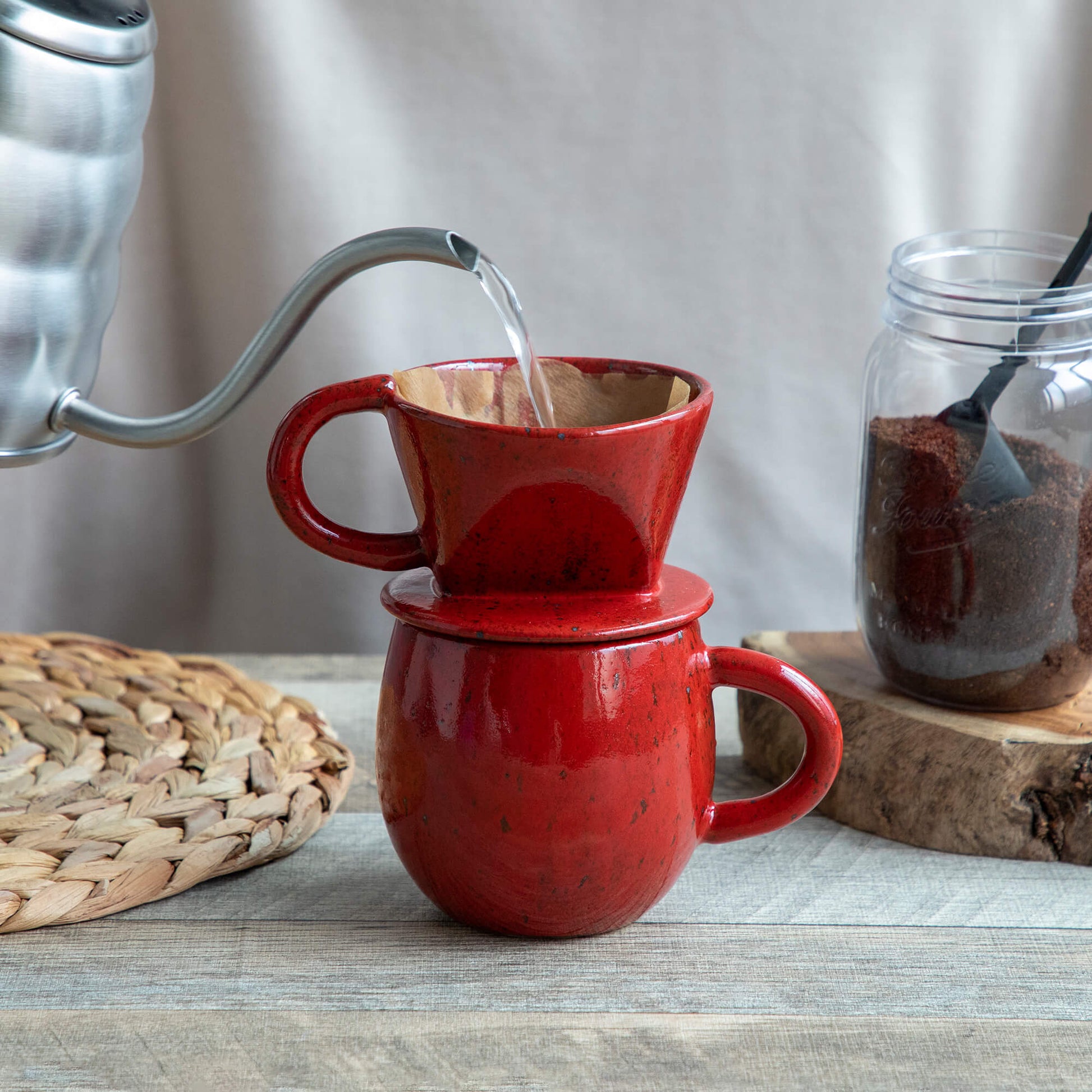 Chrome Red Ceramic Coffee Pour Over Maker Set