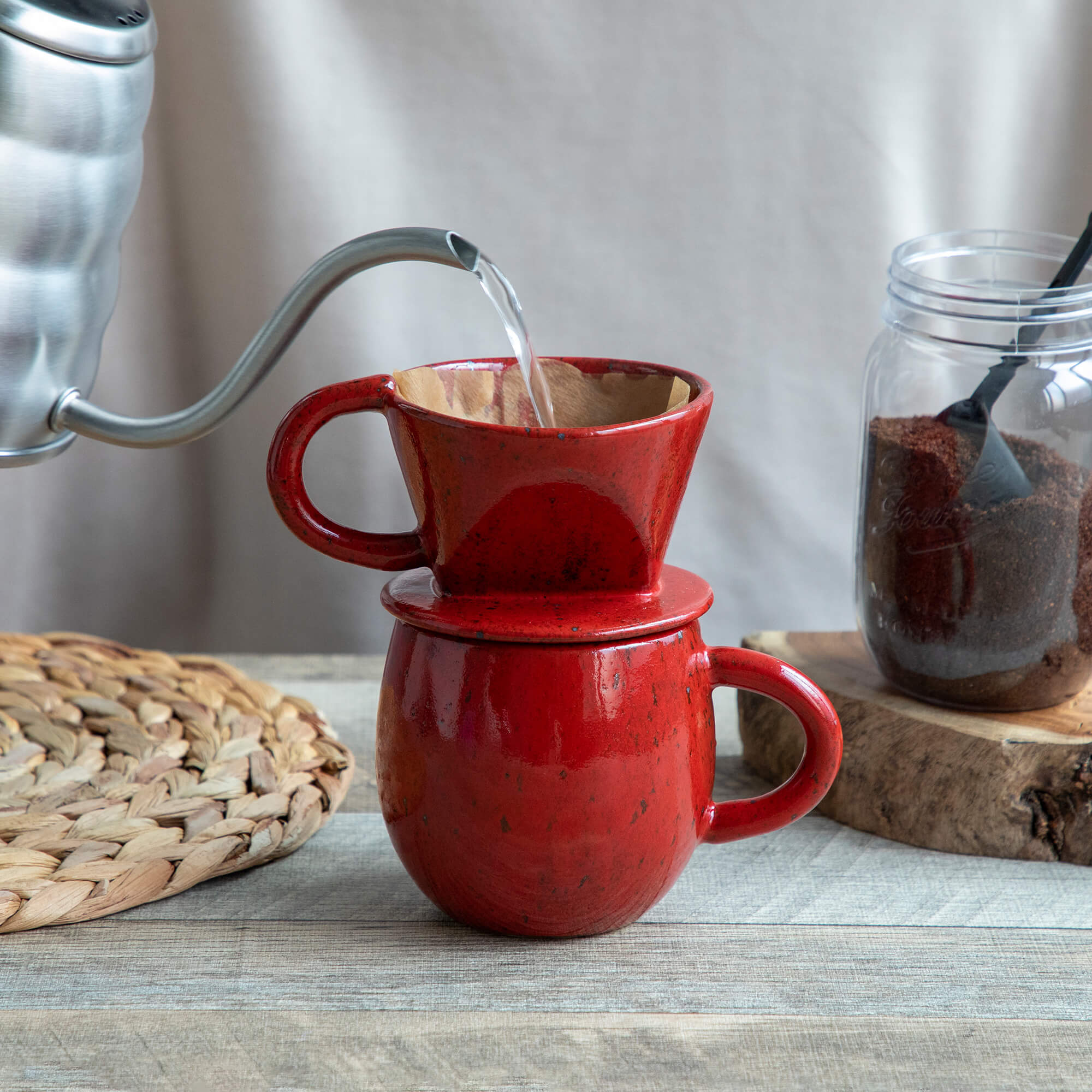 Chrome Red Ceramic Coffee Pour Over Maker Set