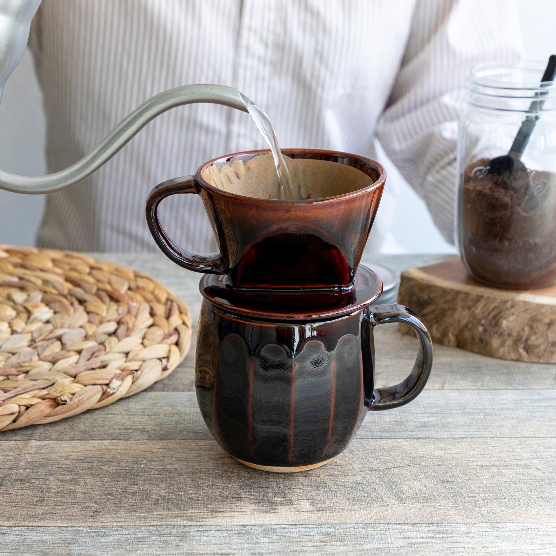 [ Free Shipping all over the US ] Asayu Japan || 100% Made in Japan Ceramic Coffee Pour Over Maker Set Chocolate Brown || Ceramic Coffee Dripper Chrome Red || Coffee Dripper Cone || Coffee Mug || IEasy-to-use Pour Over Coffee Dripper || Slow Brewing Paper Filter Holder and Dripper with 3 Holes for Coffee and Tea