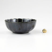 Lade das Bild in den Galerie-Viewer, Asayu Japan matte black lotus flower ceramic incense plate with included brass incense burner stand next to it from the side.
