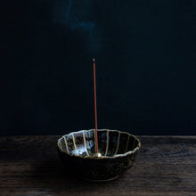 Load image into Gallery viewer, Sandalwood and Plum traditional incense sticks burning in an incense holder
