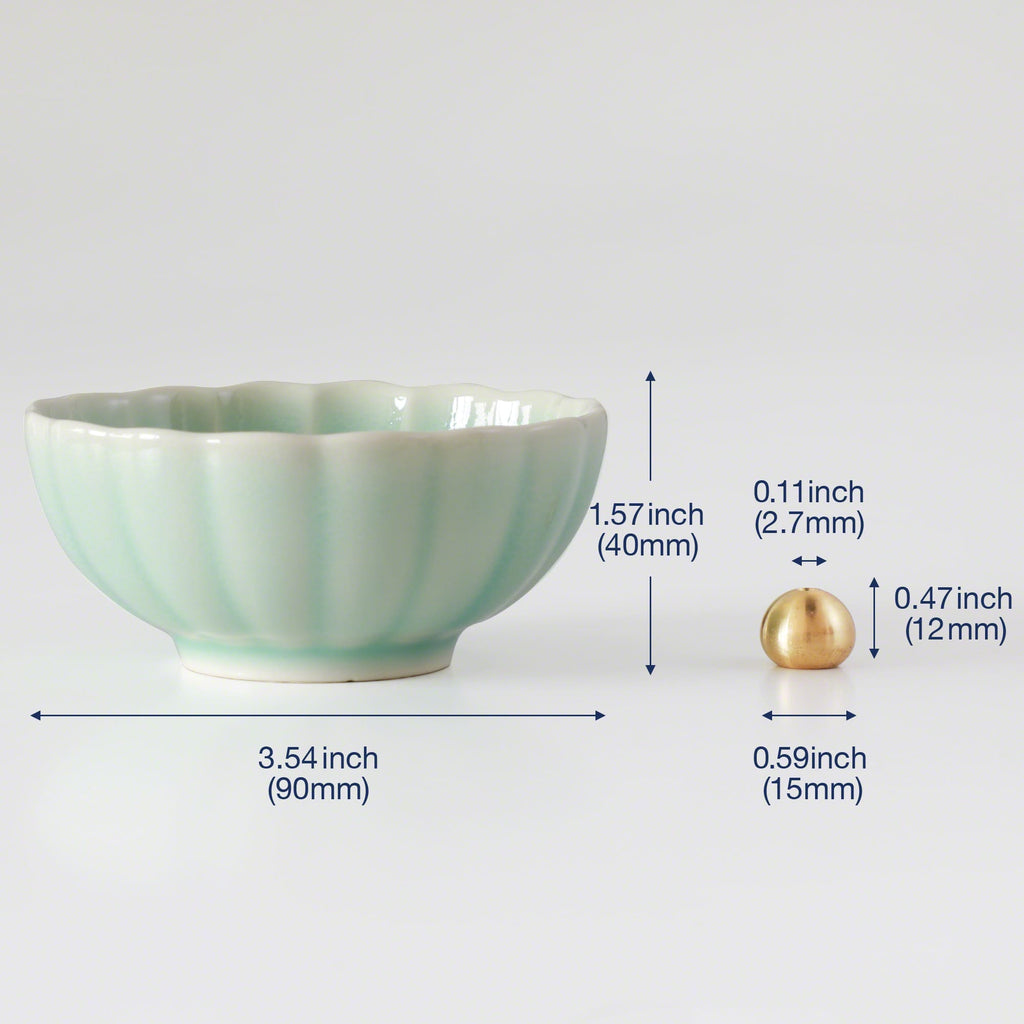 Asayu Japan turquoise mini lotus ceramic incense plate with included brass incense burner stand next to it from the side with measurements.