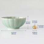 Asayu Japan turquoise mini lotus ceramic incense plate with included brass incense burner stand next to it from the side with measurements.