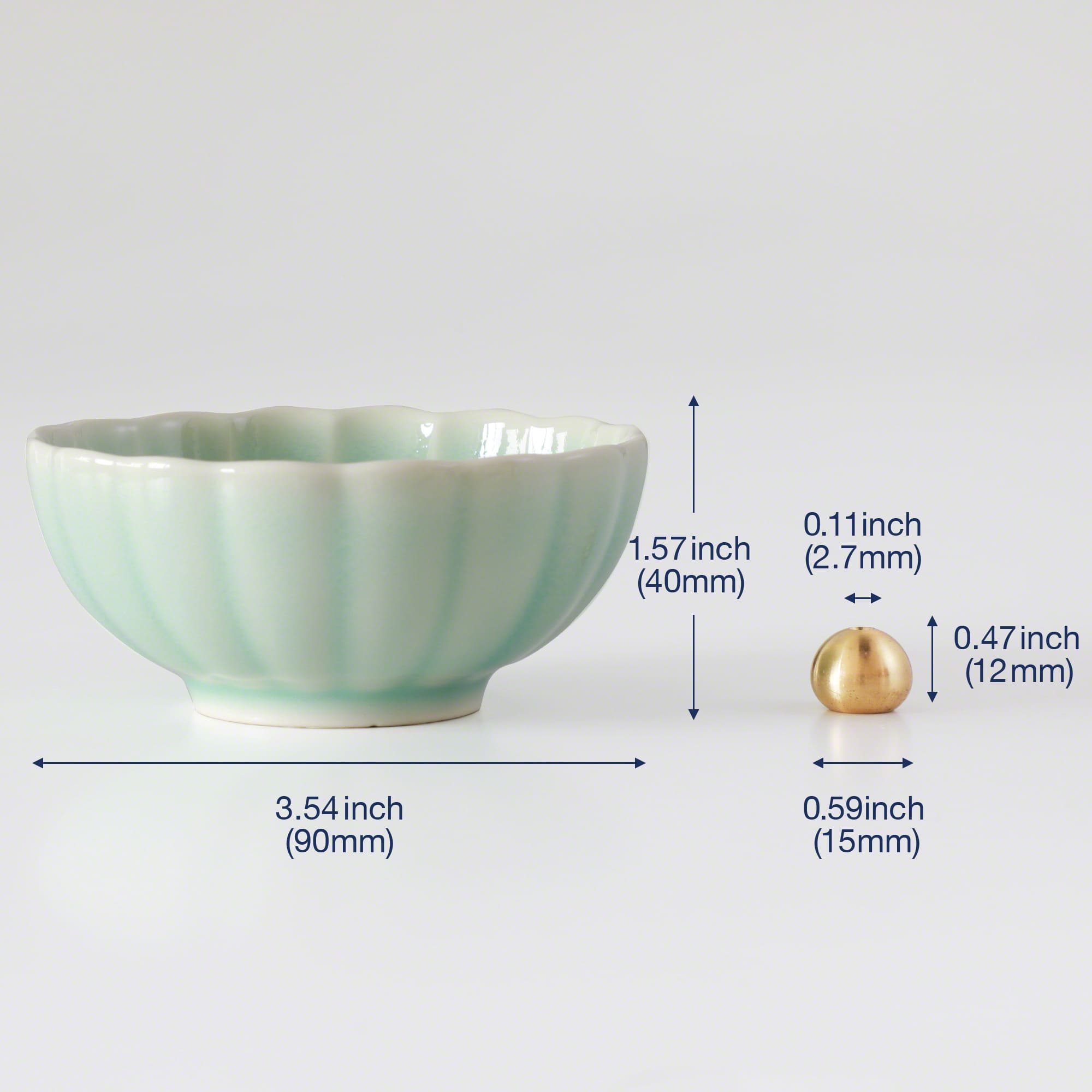 Asayu Japan turquoise mini lotus ceramic incense plate with included brass incense burner stand next to it from the side with measurements.