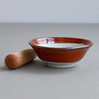 Asayu Japan Ceramic Red Mortar Bowl and Wooden Pestle seen from the side