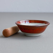Cargar imagen en el visor de la galería, Asayu Japan Ceramic Red Mortar Bowl and Wooden Pestle seen from the side

