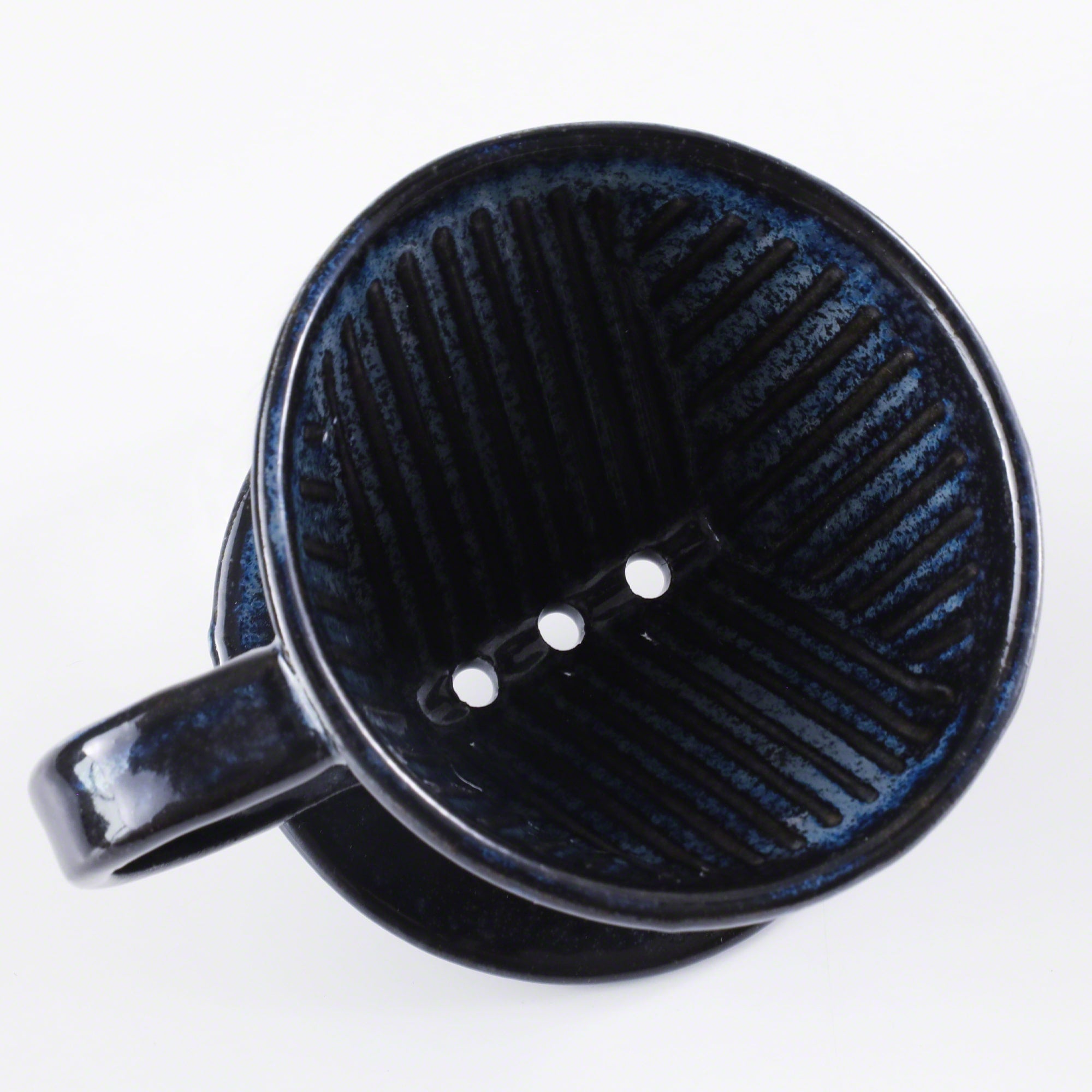 View from the top of the Asayu Japan Ceramic Coffee Dripper in dark navy blue with the 3 filter holes.