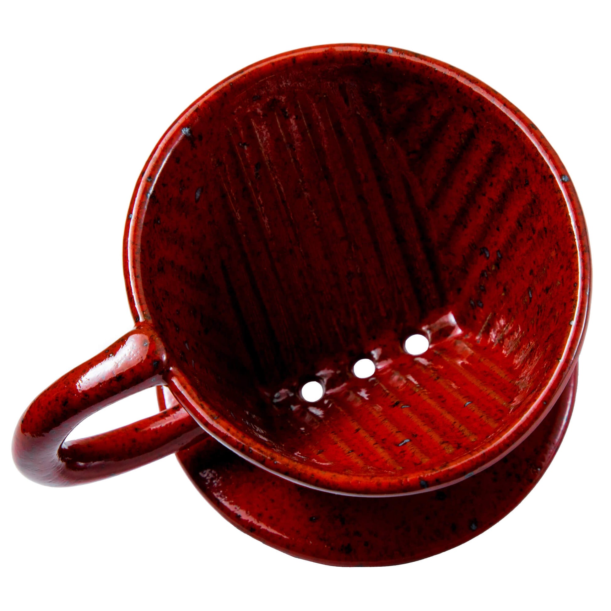 View from the top of the Asayu Japan Ceramic Coffee Dripper in chrome red with the 3 filter holes.