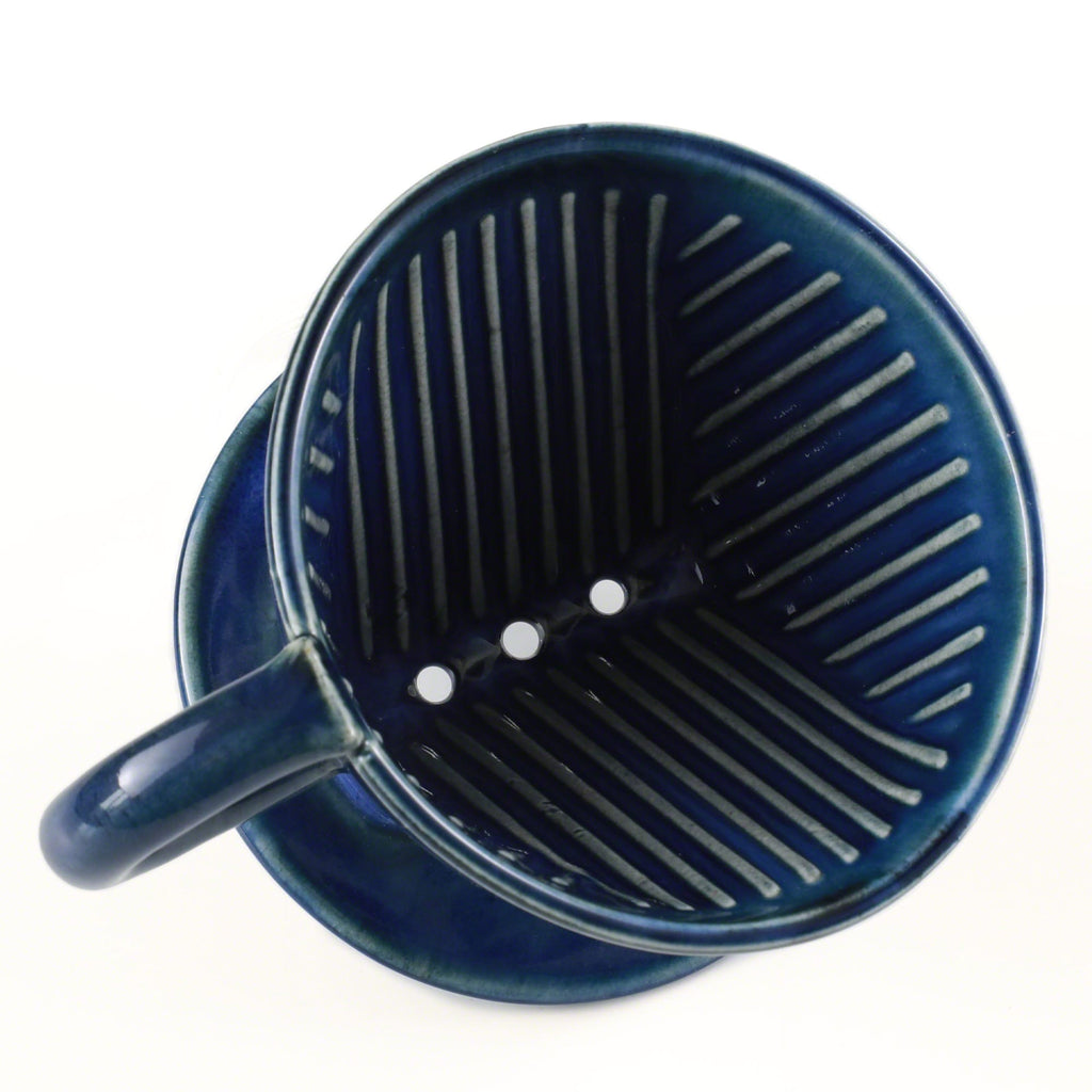 View from the top of the Asayu Japan Ceramic Coffee Dripper Ocean Blue model with the 3 filter holes.