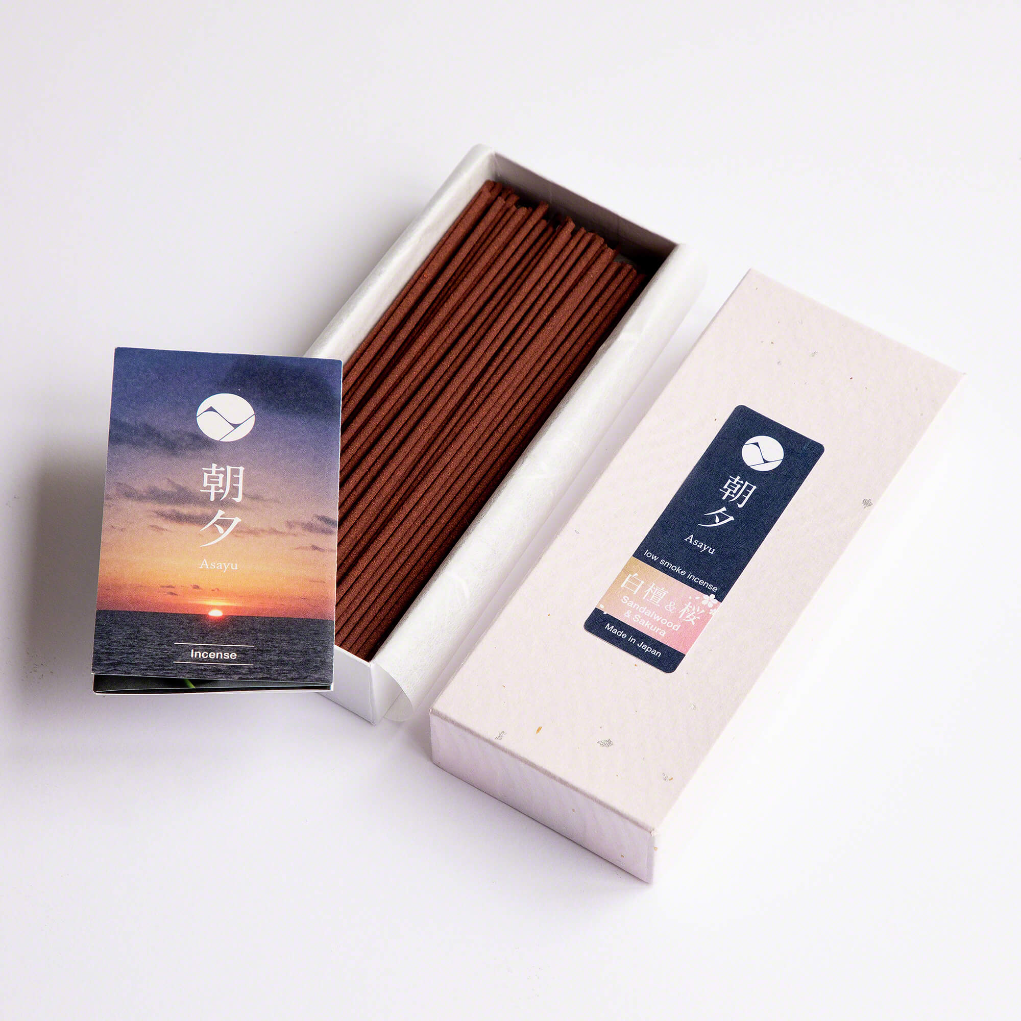 Asayu Japan Premium Sakura Cherry Blossom and Sandalwood Blend Low Smoke Incense Sticks box with mini catalogue