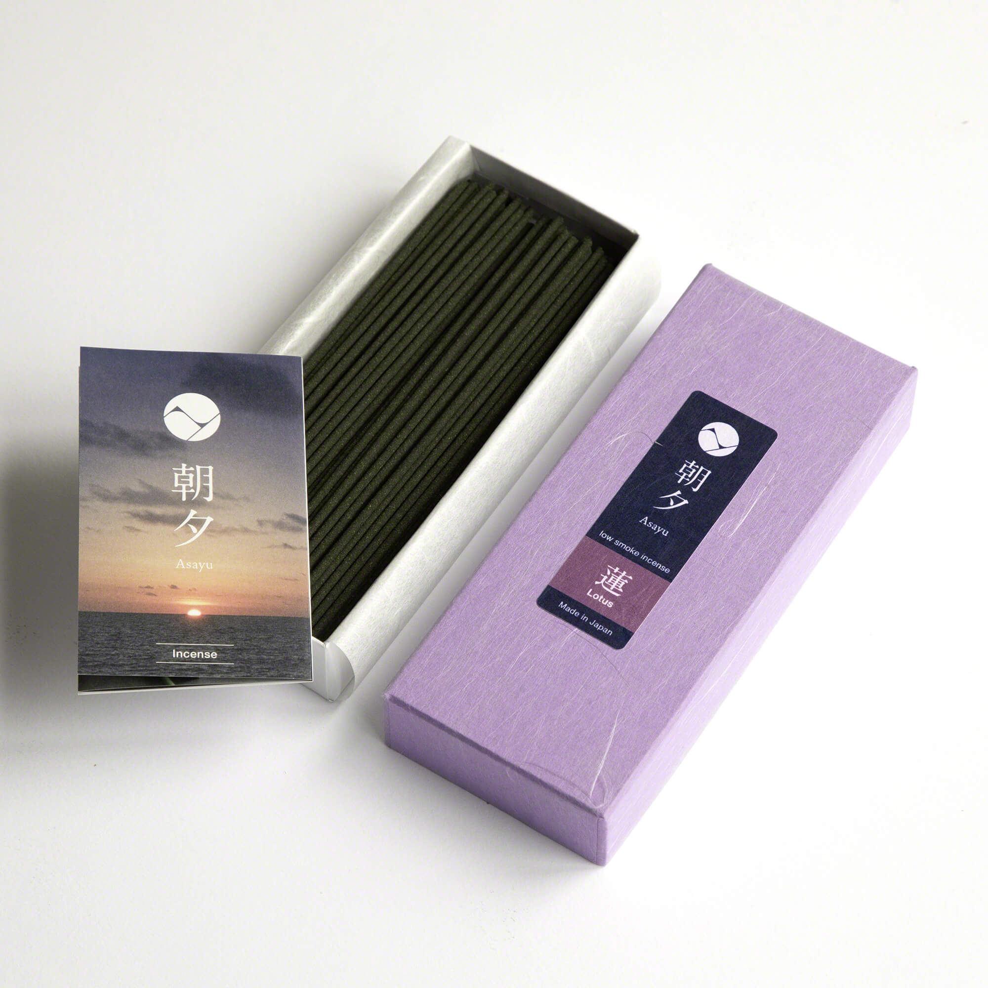 Asayu Japan Lotus Low Smoke Incense Sticks box with mini catalogue