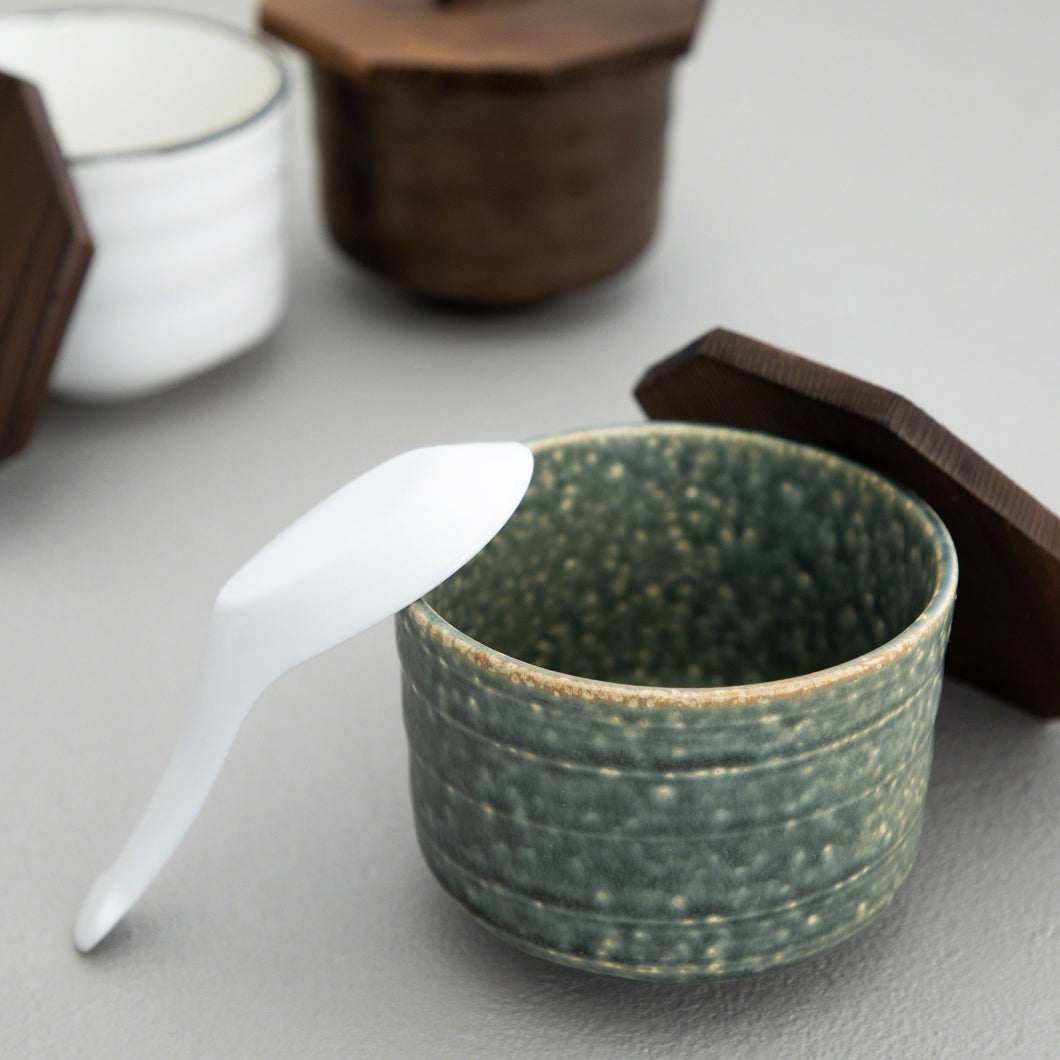 Ceramic Teal Rice Bowl with Wooden Lid & White Spoon Set