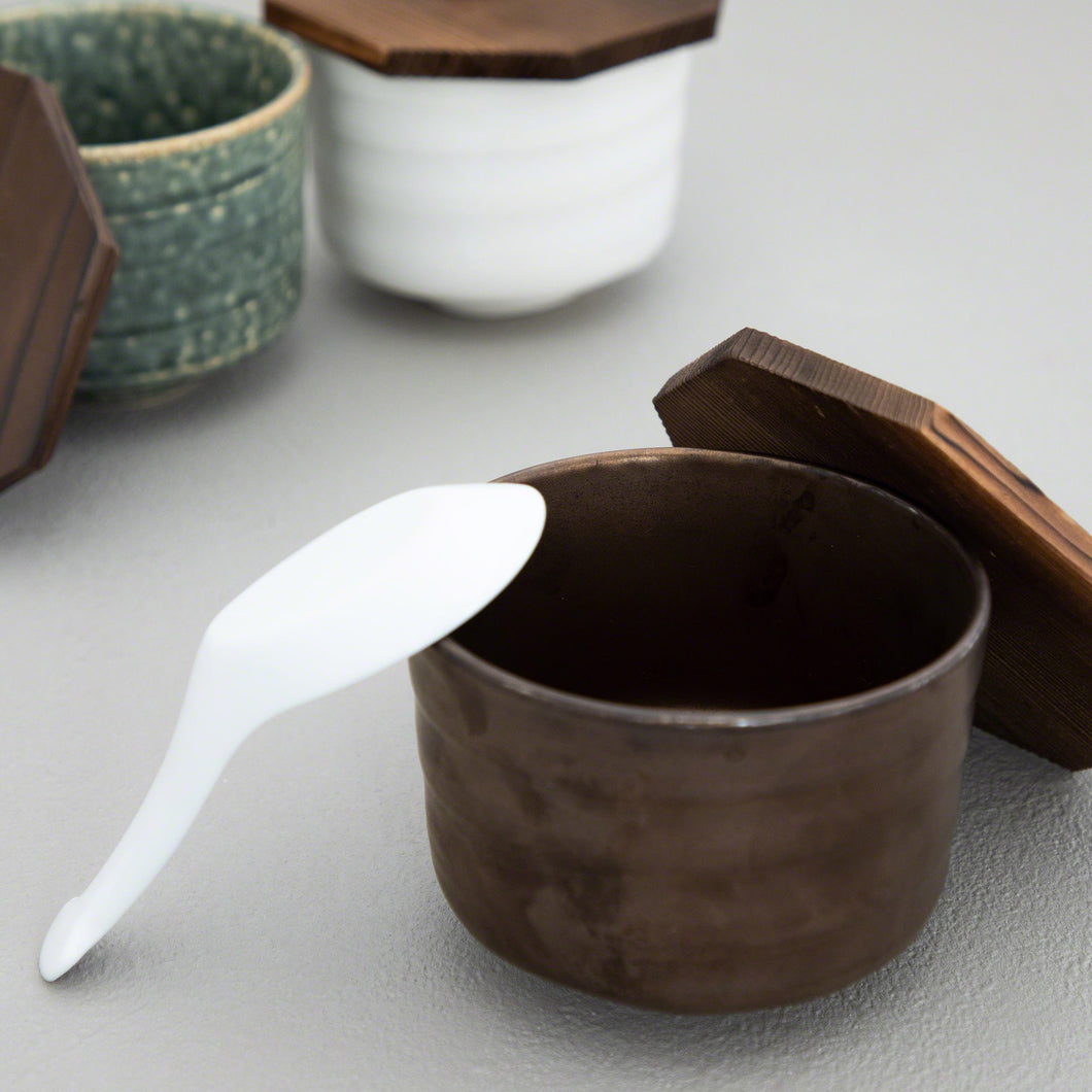 Ceramic Zen Metallic Brown Rice Bowl with Wooden Lid & White Spoon Set