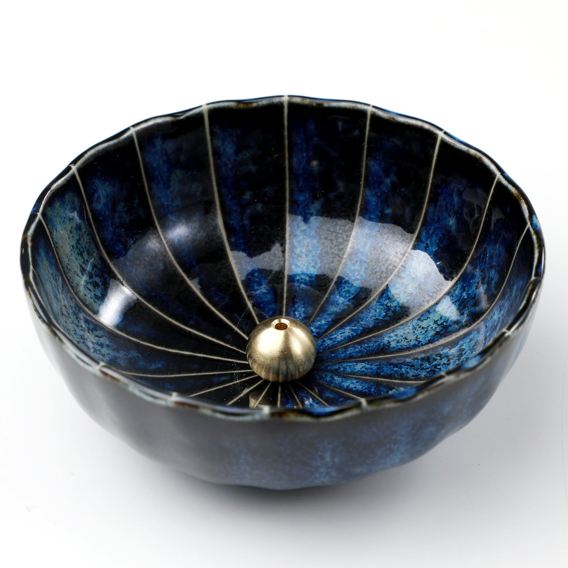 Asayu Japan Dark Navy Blue Lotus Flower Incense Holder with brass stand