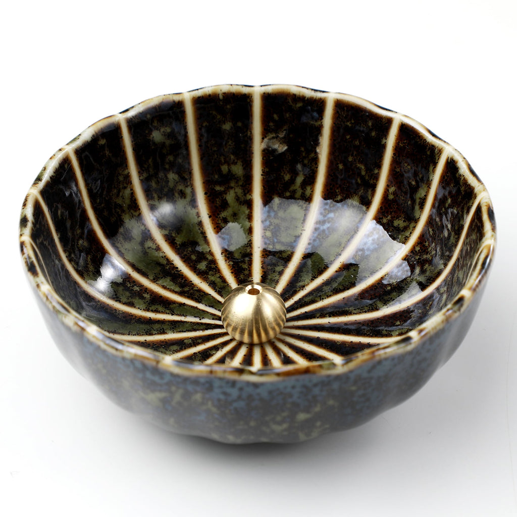 Asayu Japan Dark Green Lotus Flower Incense Holder with brass stand