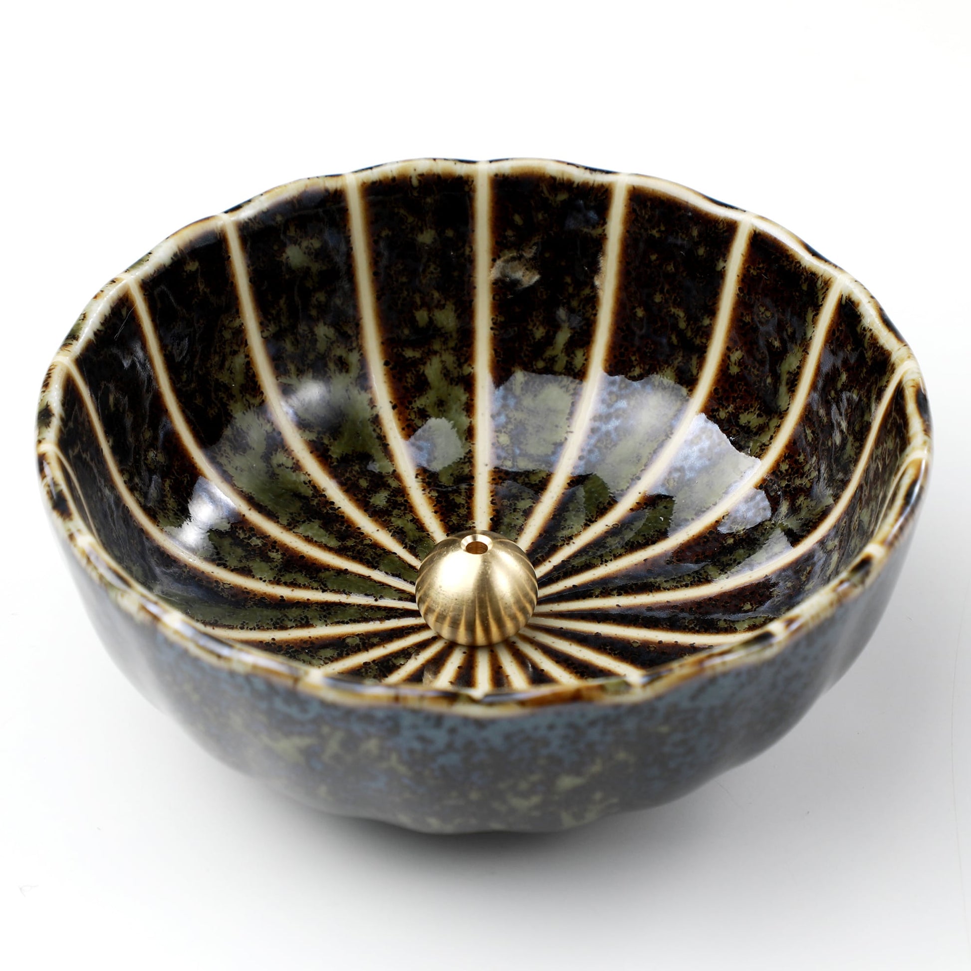 Asayu Japan Dark Green Lotus Flower Incense Holder with brass stand