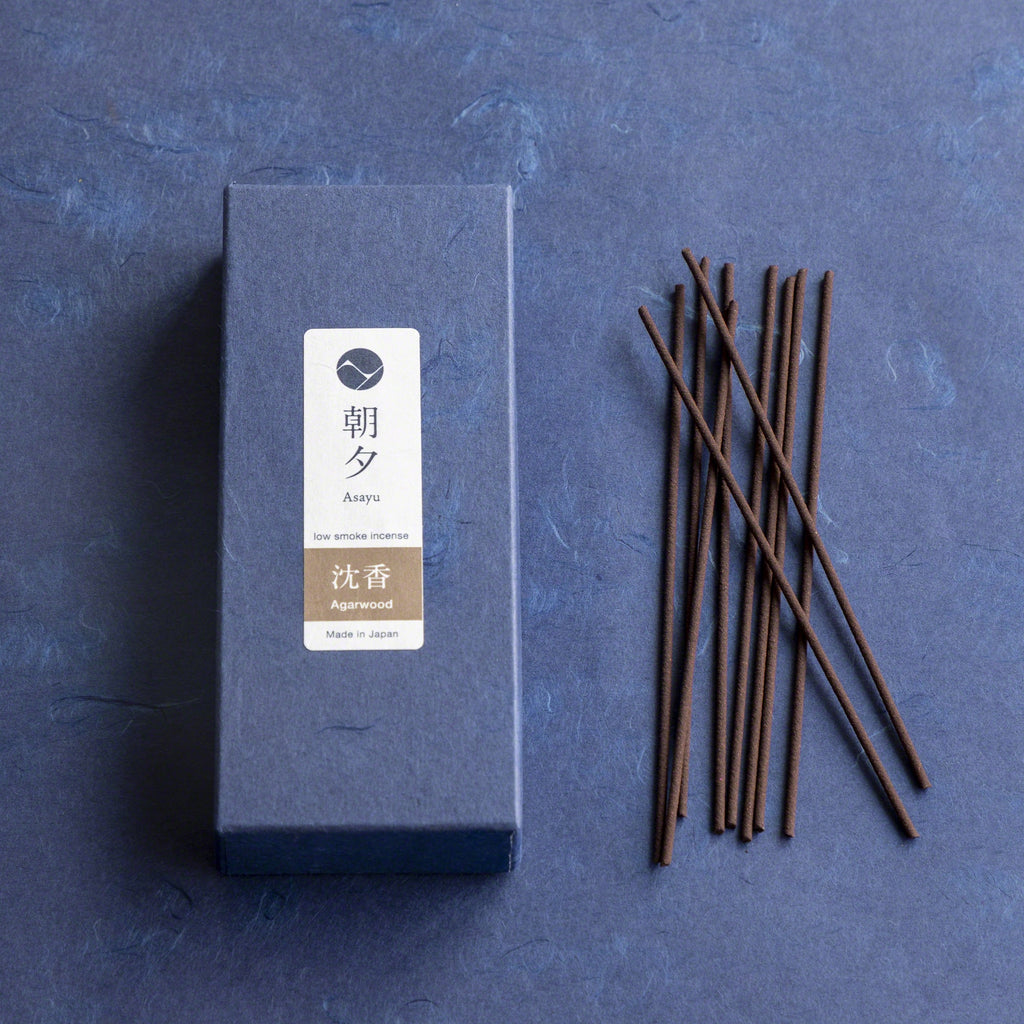 Box of Asayu Japan Agarwood Low Smoke incense with sticks outside