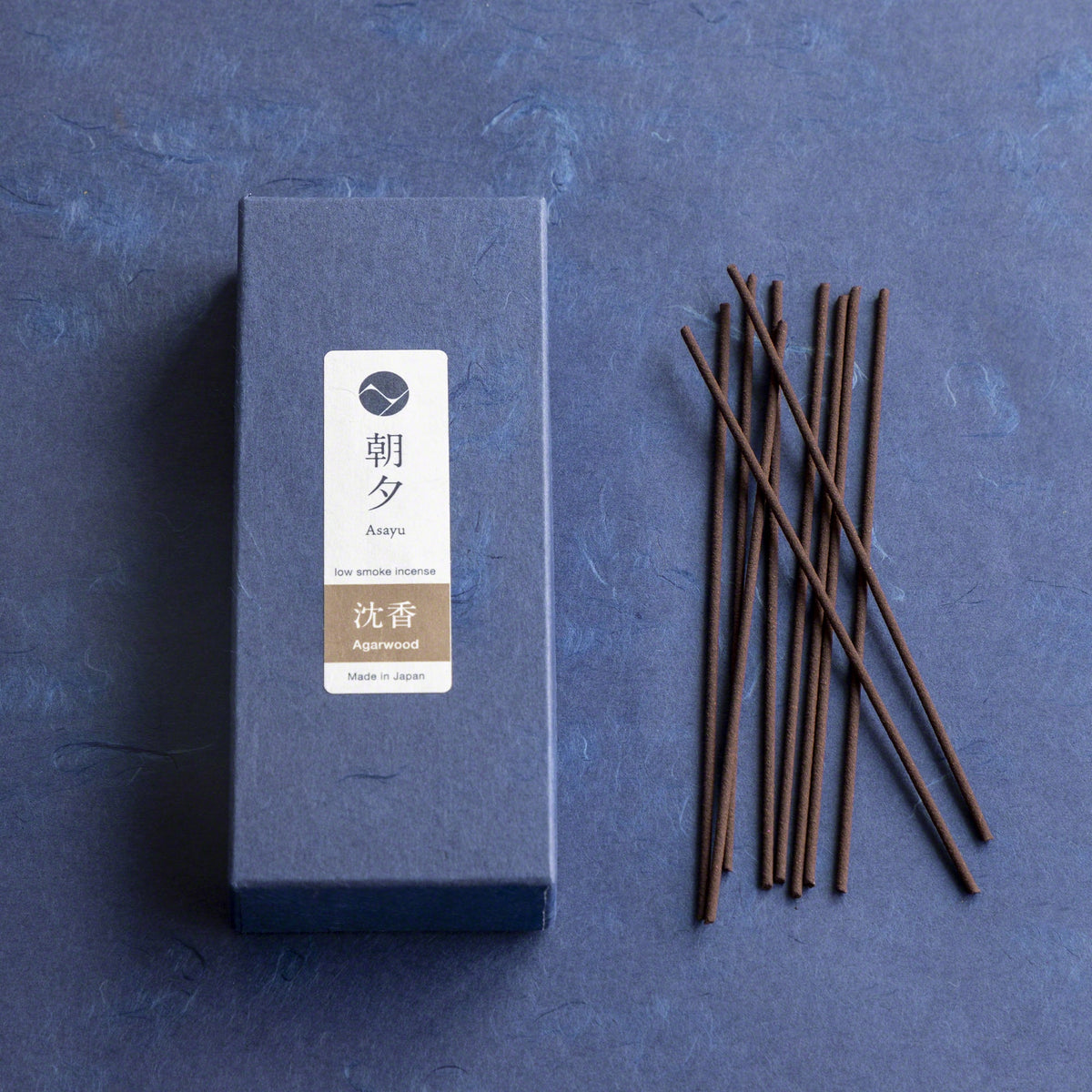 Box of Asayu Japan Agarwood Low Smoke incense with sticks outside