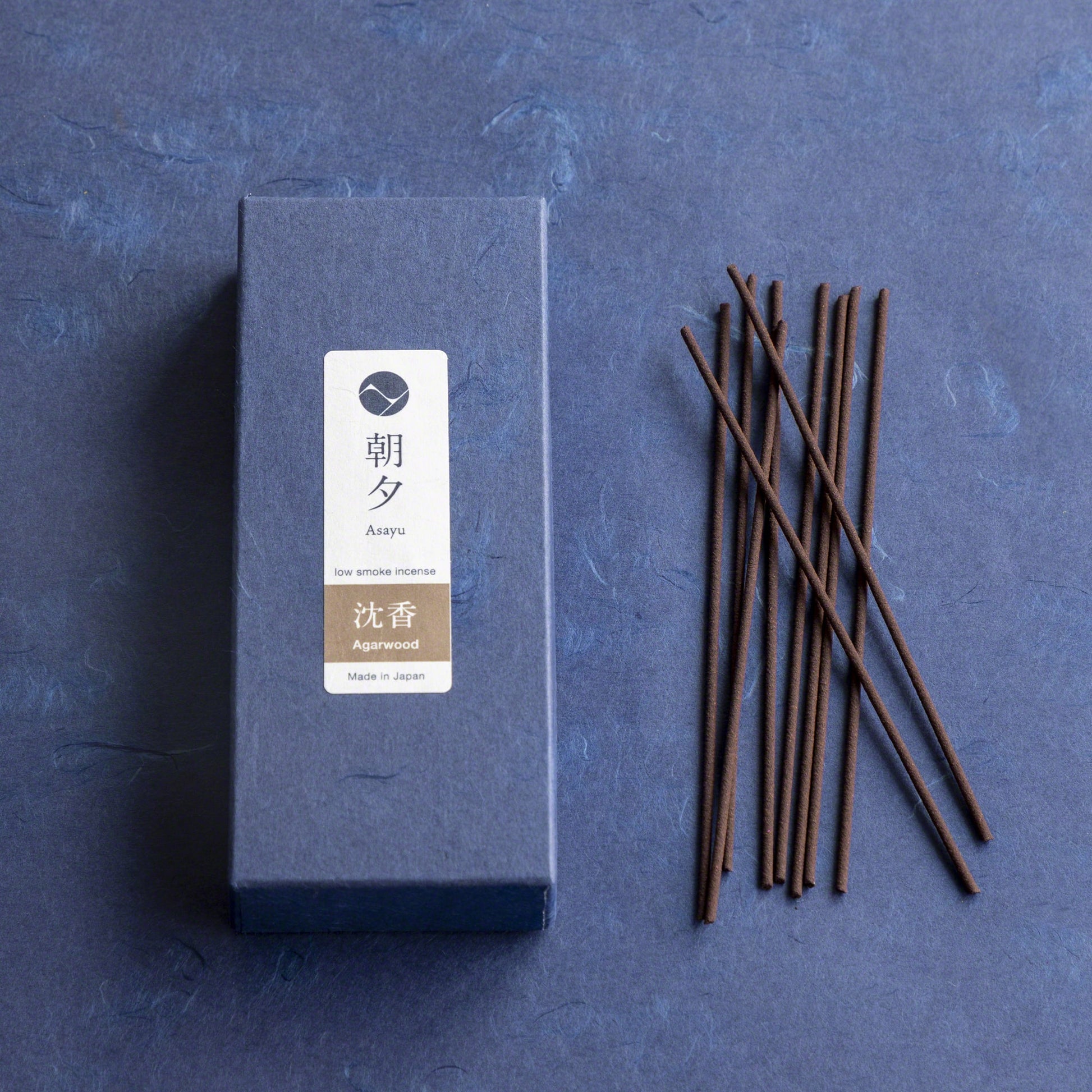 Box of Asayu Japan Agarwood Low Smoke incense with sticks outside