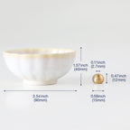 Asayu Japan white and yellow mini lotus ceramic incense plate with included brass incense burner stand next to it from the side with measurements.