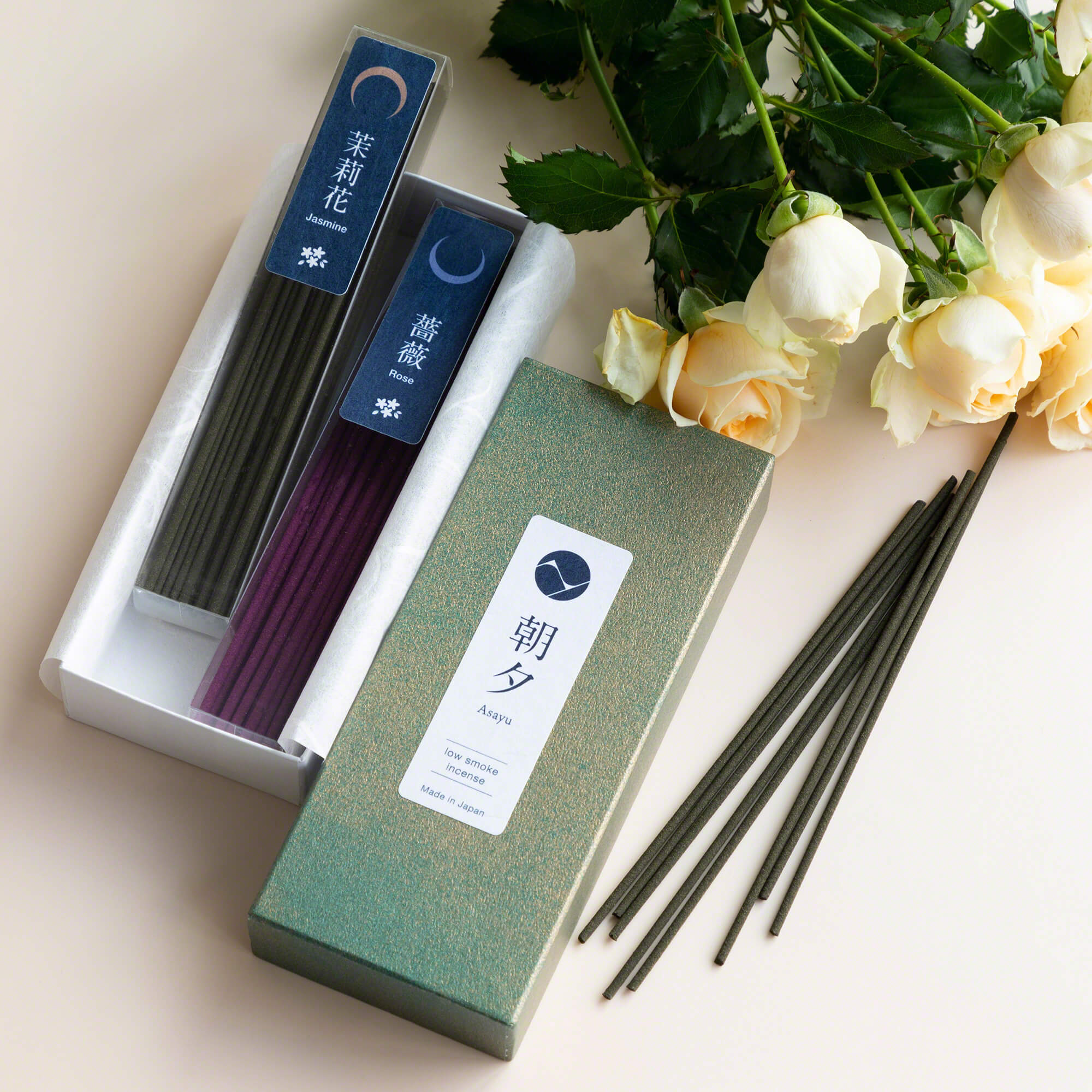 Asayu Japan Low Smoke Incense Sticks 40g Floral Scent Set [ Jasmine and Rose ] Made in Japan