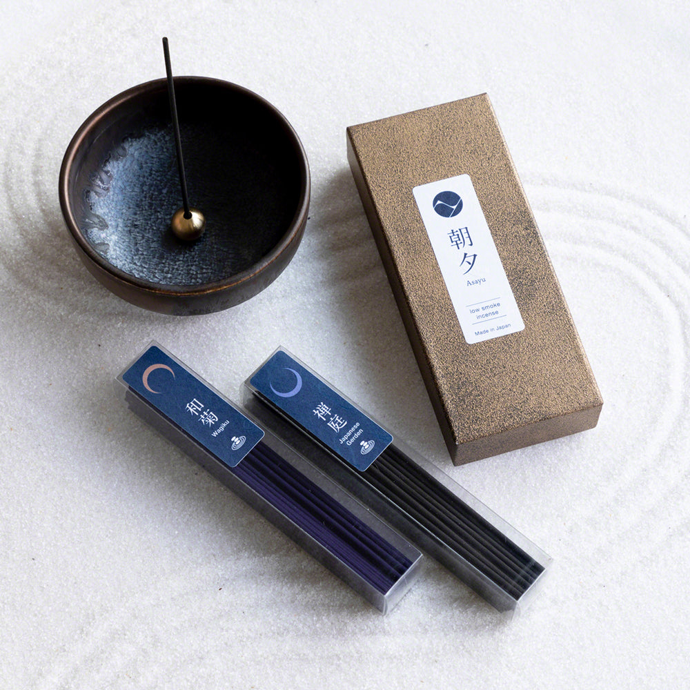Asayu Japan Zen Incense Holder and Meditation Incense Set with Wagiku and Japanese Incense Garden Incense sticks in a zen garden sand tray.