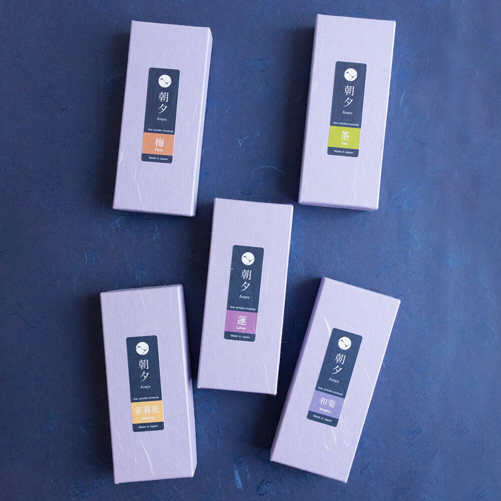 Collection of 5 Morning Low Smoke Incense Sticks boxes by Asayu Japan: Plum Blossom, Green Tea, Lotus, Wagiku, Jasmine.