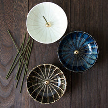 Cargar imagen en el visor de la galería, Three of Asayu Japan Lotus Flower Incense Holders: white, dark blue and dark green models.
